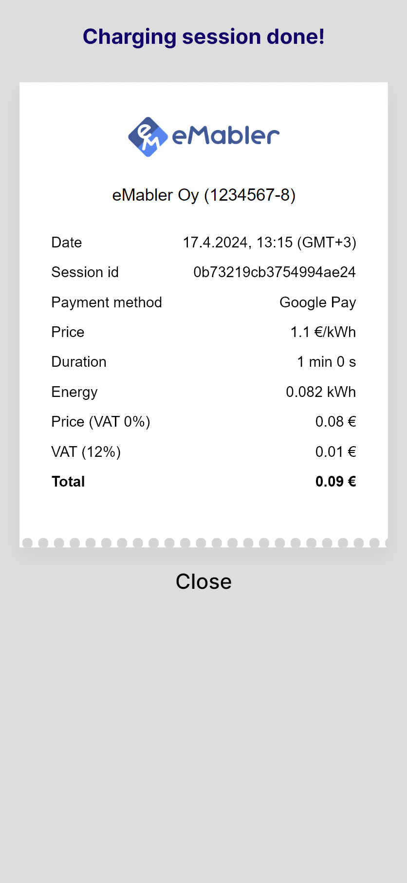 View the receipt of the charging session
